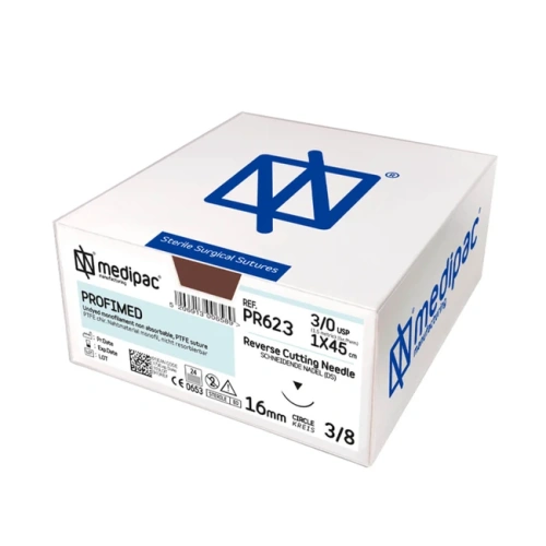 Profimed PR623 - шовный материал, мононить 3/0 45 см, игла 3/8 16 мм, изогнутая, обратно режущая, 24 шт. | MEDIPAC (Греция)