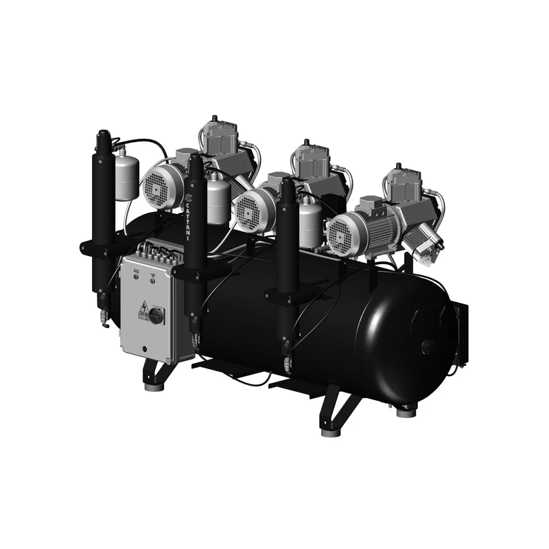 Cattani AC900 300-714 - безмасляный стоматологический компрессор для 12-ти стоматологических установок, с 3 трехцилиндровыми двигателями, c 3 осушителями, с ресивером 300 л, 714 л/мин | Cattani (Италия)