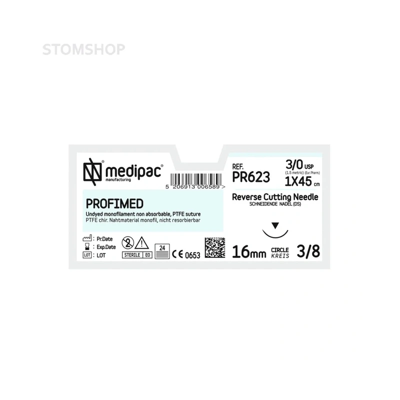 Profimed PR623 - шовный материал, мононить 3/0 45 см, игла 3/8 16 мм, изогнутая, обратно режущая, 24 шт. | MEDIPAC (Греция)