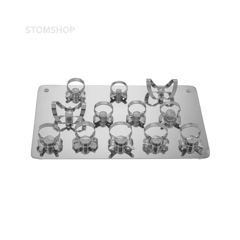 Rubber Dam Technic Set - набор для установки системы раббердам: 12 кламмеров на подставке, перфоратор, щипцы, рамка | Dentech Corporation (Япония)