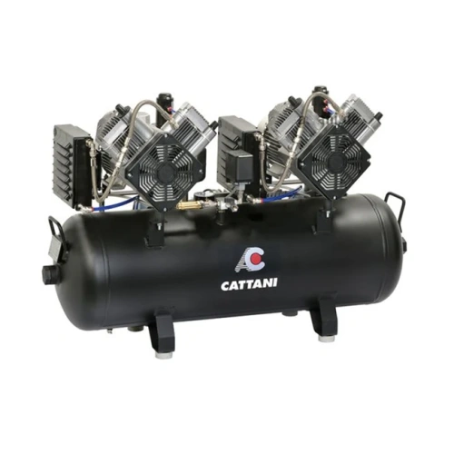Cattani AC410 100-215 - безмасляный компрессор типа тандем для CAD/CAM, двухцилиндровый, с двумя осушителями, с ресивером, однофазный, без кожуха, 100 л, 215 л/мин | Cattani (Италия)