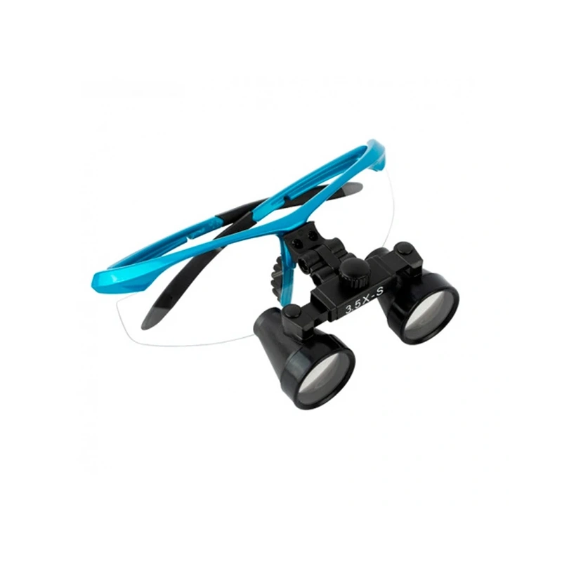 CM3.5X + BP frame - бинокулярные лупы системы Flip-up на, увеличение 3.5x, усиленная спортивная оправа голубого цвета | Ymarda (Китай)