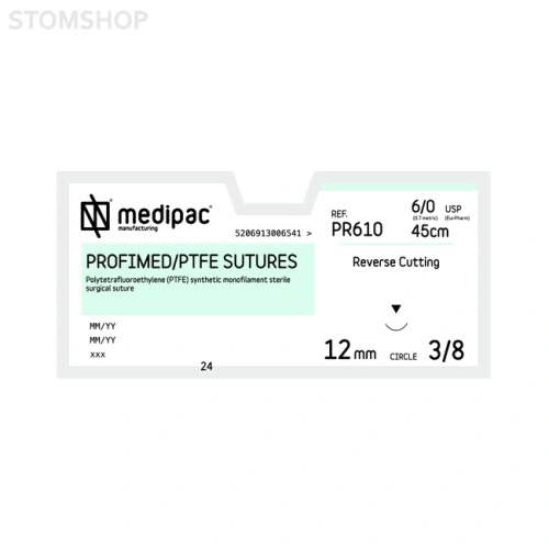 Profimed PR610 - шовный материал, мононить 6/0 45 см, игла 3/8 12 мм, изогнутая, обратно режущая, 24 шт. | MEDIPAC (Греция)
