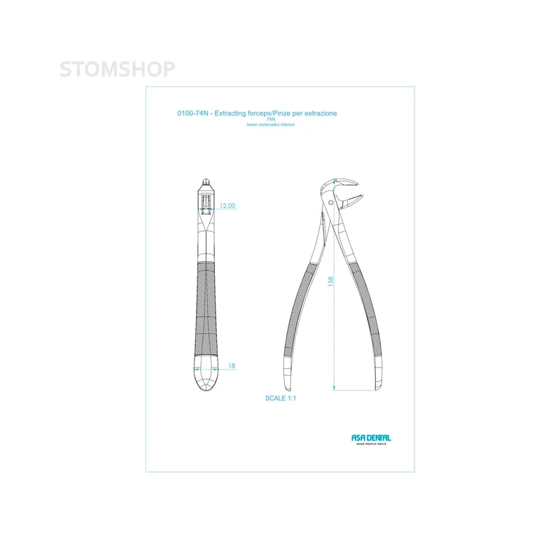 Щипцы N74N для удаления корней нижней челюсти, узкие | Asa Dental (Италия)